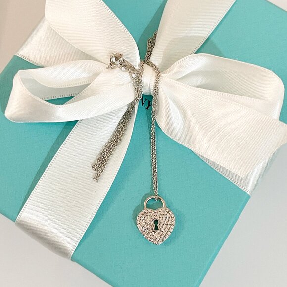 Tiffany & Co. Necklace Platinum Diamond Pave Heart Lock Pendant $4800 Stunning!! - Picture 2 of 14